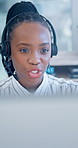 Headset, black woman and call center consultant in office with online enquiry, FAQ or consultation. Professional, mic and technical support agent in workplace with help desk, crm or customer service.