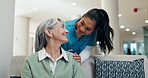 Smile, caregiver and old woman at house with checkup, support and medical trust for wellness. Happy, nurse or senior person in home with respect, assisted living and gratitude for healthcare services