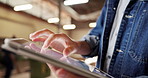 Carpentry, hands and man on tablet in workshop for planning, online inventory and woodworking. Carpenter, scroll and person on tech for research, furniture design and checklist for timber production