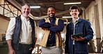 Crossed arms, men and face of carpenters in warehouse with confidence for furniture manufacturing. Smile, tablet and portrait of woodworkers with pride for industrial about us with collaboration.