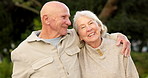 Face, hug and old couple with love at park, happiness and loyalty with commitment together. Retirement, man and woman embrace outdoor for care, support and smile with partner for healthy relationship