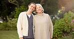 Face, caregiver and old woman outdoor with smile, support and fresh air for medical service. Portrait, nurse and senior person in backyard with embrace, assisted living and elderly care of retirement