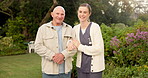 Face, caregiver and happy at park with old man, support and fresh air for medical service. Portrait, nurse or senior person in nature for calm morning, assisted living and elderly care for retirement