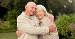 Love, happy or old couple in garden with hug, bonding together or connection for retirement wellness. Married, elderly people and relax outdoor in backyard with care, embrace or romantic relationship