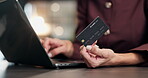 Online shopping, laptop and hands with card in office, ecommerce or financial investment on website. Typing, info and business person with technology, banking and digital payment with discount on app