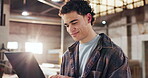 Man, carpentry and laptop in factory with smile, manufacturing and check online blueprint for trade. Carpenter, review digital floor plan and happy in workshop with tech, lumber or woodwork website