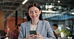 Business, woman and laugh in office with phone, news research and email source to confirm facts. Smile, employee and coworking in workplace with mobile, proofreading and story draft for publication