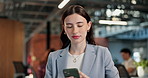 Business, woman and reading in office with phone, news research and email source to confirm facts. Person, review and coworking in workplace with mobile, proofreading and story draft for publication