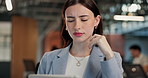 Confused, tablet and businesswoman in office with error on finance report with budget planning. Digital technology, mistake and financial advisor with stock market analysis for investment loss.