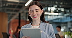 Smile, tablet and businesswoman in office with research for finance report with revenue growth. Digital technology, happy and financial advisor with stock market analysis for investment profit.