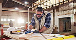 Sanding, carpenter and man with plank in warehouse for project, planning and manufacture furniture. Workshop, sandpaper and mature person with equipment, timber material and small business in factory