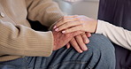 Nurse, support and holding hands with old person in home for encouragement, compassion or empathy. Caregiver, retirement and comfort man for kindness, understanding and medical help with hope