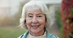 Wellness, face or old woman outdoor with smile, fresh air or positive attitude on weekend break. Confidence, space or senior person with happy moment, backyard unwind or good mood in retirement.