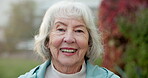 Wellness, face or senior woman outdoor with smile, fresh air or positive attitude on weekend break. Confidence, space or elderly person with happy moment, backyard unwind or good mood in retirement.