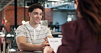 Resume, meeting and businessman at job interview in office for recruitment with career opportunity. Discussion, happy and candidate with hiring manager for onboarding process with job portfolio or cv