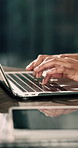 Business person, hands and typing with laptop in office for project tasks, agenda or reminder. Employee, planning or copywriting with technology for minutes, schedule plan or report in workplace