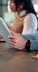 Meeting, tablet and hands of business people in office for planning, project or digital notes. Startup research, creative team and person on tech with online proposal, review and feedback in agency