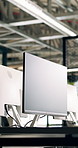 Office, computer and screen with mockup space for design agency, innovation or development. Empty, building or desk with technology display or equipment for web advertising or marketing in workplace