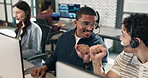 Men, agent and fist bump with headset in call center for winning, sale or good news. Happy, male people or consultant with smile or touch for achievement, bonus deal or CRM promotion in work agency