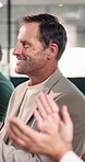 Happy, applause and business man in meeting for good news, achievement and financial goals. Office, team and workers clapping hands for success, finance workshop and strategy for investment growth