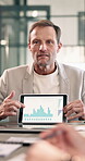 Office, man or meeting with charts on tablet screen for annual performance, cost trends or insight. Review, mature financial analyst and talk with tech for region revenue, data analysis and feedback