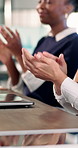 Office, applause and hands of business people in meeting for good news, achievement and goals. Boardroom, team and workers clapping for support, financial success and celebrate for investment growth