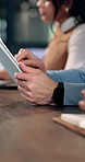 Scroll, tablet and hands of business people in office for planning, project or digital notes. Startup research, creative team and person on tech with online proposal, review and feedback in agency