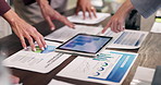 Hands, meeting and business people with documents, tablet and statistics for financial report. Office, team and workers pointing to paperwork, charts and tech for finance review, planning or research