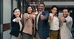 Face, corporate and people in office with thumbs up, good news and success for real estate. Portrait, team or hand gesture with smile for agreement, positive feedback and achievement of sold property