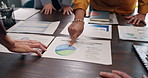 Hands, meeting and business people with documents for financial review, infographic and statistics. Office, team and workers with paperwork, charts and graph for finance report, planning and research