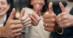 Hands, corporate and people in office with thumbs up, good news and success for real estate. Smile, team or hand gesture in workplace for agreement, positive feedback and achievement of sold property