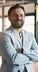 Face, smile and businessman with confidence in enterprise, insurance agent and career growth. Corporate professional, arms crossed and happy person in office, claims advisor and about us in USA