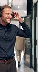 Headphones, businessman and dancing with vibe in office for positive energy or celebration. Excited, male person or employee with smile or listening to music or app for audio streaming in workplace