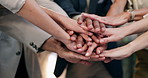 Stack, team building and business people with hands together in collaboration, support and goals. Office, mission and group circle with startup, solidarity and celebration of partnership success