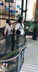 Friends, smile and businesswomen on steps, talk and laughing with coworker and planning for project. Colleagues, arrive and happy people with ideas for assignment, funny chat and stairs in office