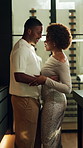Dance, happy and black couple in kitchen for love, bonding and relationship with romantic moment. Marriage, home and man with woman for connection, care and commitment with music on weekend together