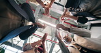 Below, team building and business people with applause in partnership, support and goals. Office, mission and group clapping hands with startup, solidarity and celebration of collaboration success
