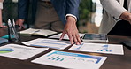 Hands, graph and business people with documents, tablet and infographics for financial report. Office, team and workers with paperwork, charts and tech for finance review, planning and online budget