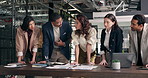 Meeting, chart and business people with paperwork, planning and ideas for marketing strategy. Office, startup and workers with research, documents and graphs for budget report, advertising or project