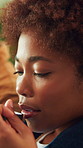 Thinking, aroma and black woman in house with coffee, daydreaming and calm mindset on weekend break. Relax, smell and person in home with warm drink, peaceful perspective and mindfulness on day off.