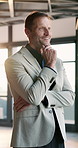 Happy, businessman and thinking with window in office for career ambition, vision or inspiration. Thoughtful man, employee or smile with lens flare for business dream or job opportunity in workplace