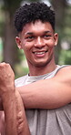 Fitness, stretching and men outdoor for exercise routine, training and muscle warm up workout. Athlete people, park and motivation with partner for health, wellness and laugh for joke in nature