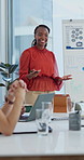 Woman, talk and presentation in meeting with data analysis, board and marketing proposal for KPI. Person, speaking and workshop in office with graphs, business stats and explain advertising strategy.