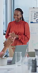 Applause, support and meeting with business woman in office for marketing strategy, workshop and success. Winner, teamwork and celebration with people in agency for project, planning and good news