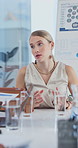 Business, review or woman in office with meeting, campaign pitch or discussion on brand strategy. Talk, briefing or marketing manager with plan, growth proposal or feedback on advertisement analysis.
