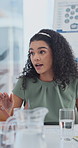 Business, discussion or woman in agency with meeting, campaign pitch or review on brand strategy. Talk, briefing or marketing director with plan, growth proposal or feedback on advertisement analysis