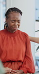 Therapy, group or woman in workplace with anger, overwhelmed or colleagues with emotional support. Mental health, coping or employee with help, distress or coworker understanding in counseling.
