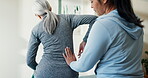 Back pain, massage and women in physiotherapy session for healing, consultation and healthcare. Physiotherapist, senior patient and spine injury with rehabilitation, chiropractic and joint wellness