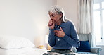 Cough, sick and senior woman on bed in home with allergies, chest infection or sore throat. Illness, retirement and elderly female person with tuberculosis, cold or flu symptoms in bedroom of house
