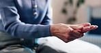 Hands, pain and senior woman in bedroom for joint ache, arthritis or orthopedic injury in home. Elderly person, medical issue or tension with osteoporosis, fibromyalgia or massage in retirement